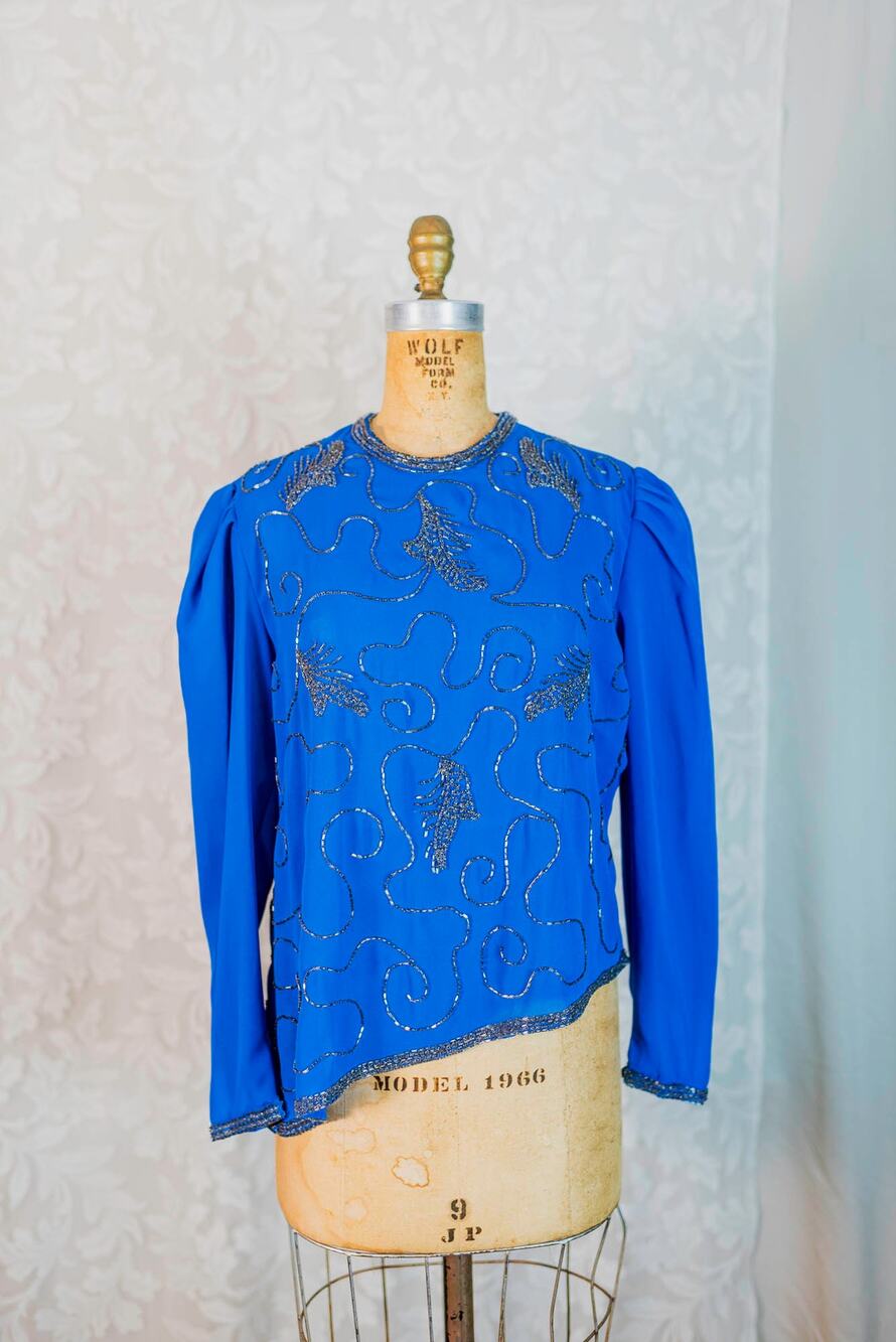 Vintage Royal Blue Chinoiserie Beaded Silver Top Blouse Evening Cocktail, Med